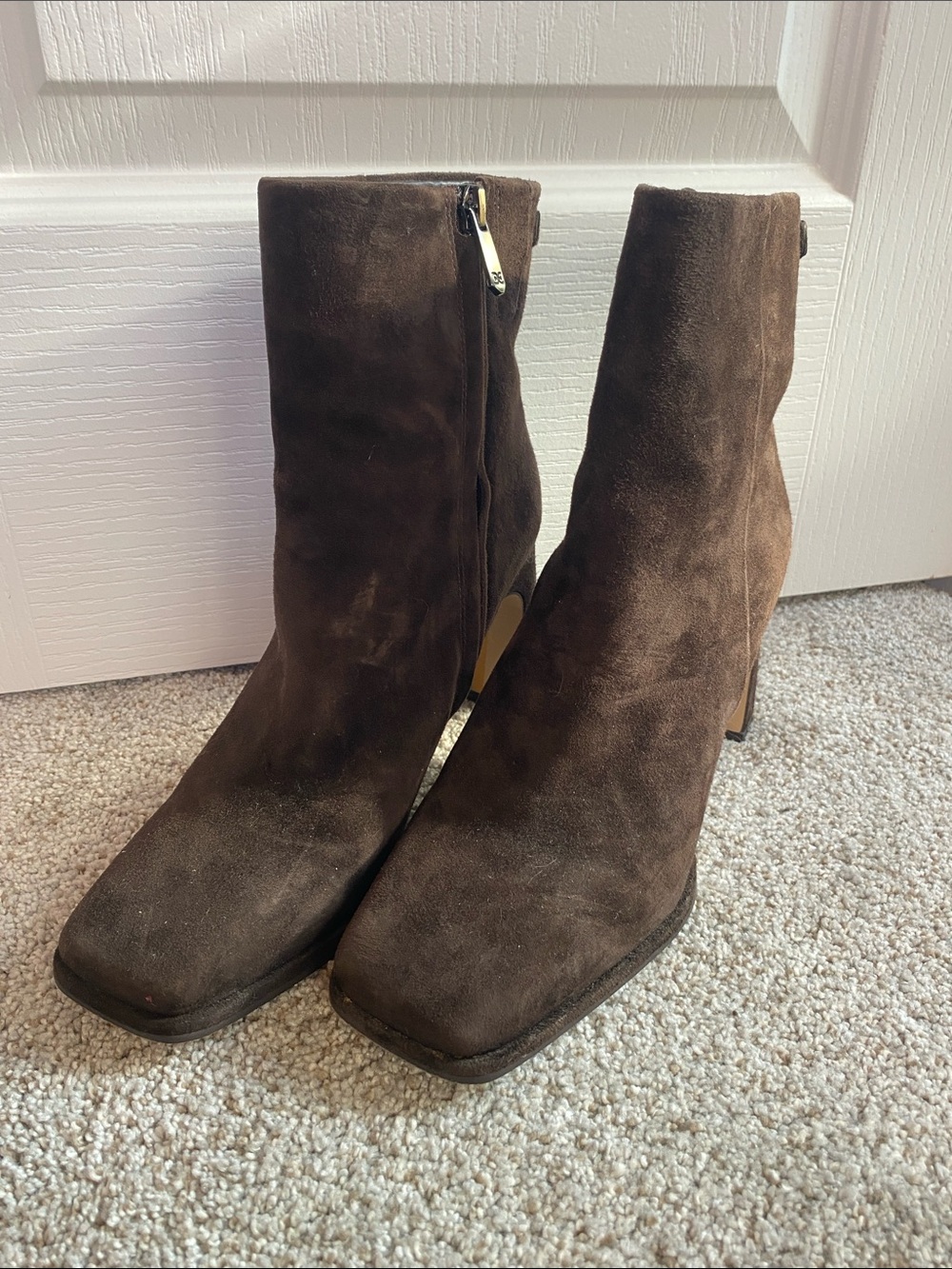 Sam Edelman Irie Brown Suede Square Toe Ankle Bootie Block Heel Zip Boots 8.5